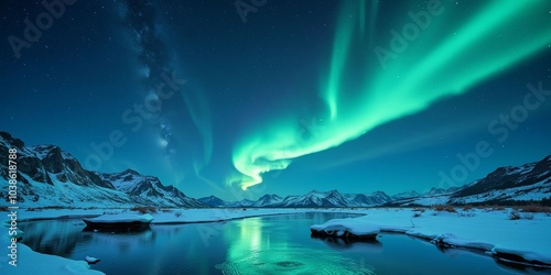 Stunning aurora borealis over snowy landscape with calendar overlay for year planning