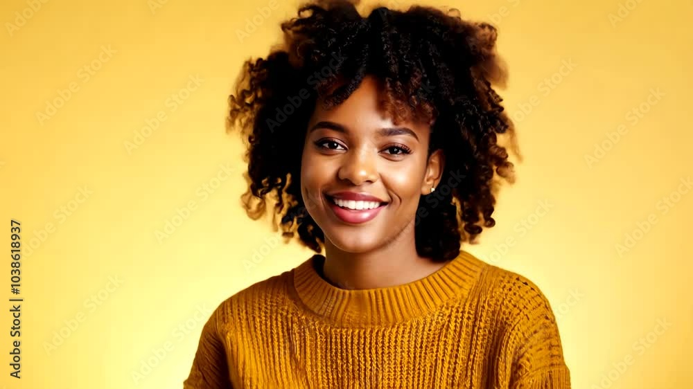 Happy young Black woman smiling against a yellow background Happy young Black woman smiling against a yellow background