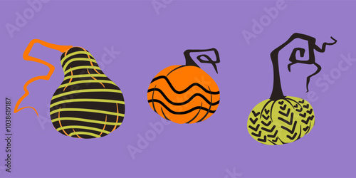 decorative pumpkins with abstract patterns in black, orange, and green on a purple background. whimsical, modern for Halloween or autumn-themed decor, party invitations, or seasonal design elements.
