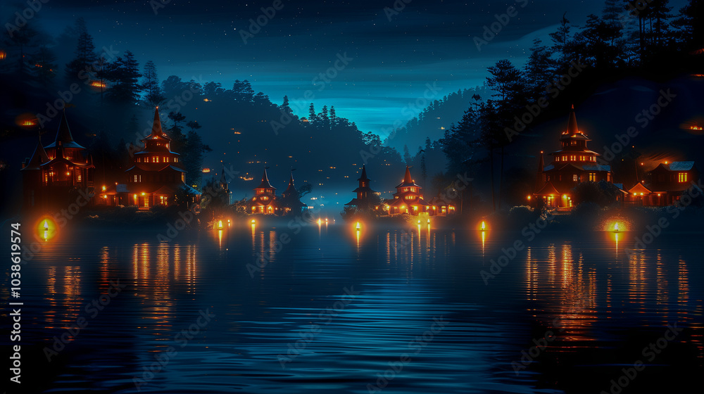 Magical Night Lanterns Reflecting on Serene Lake Village.. Magical Night Lanterns Reflecting on Serene Lake Village..