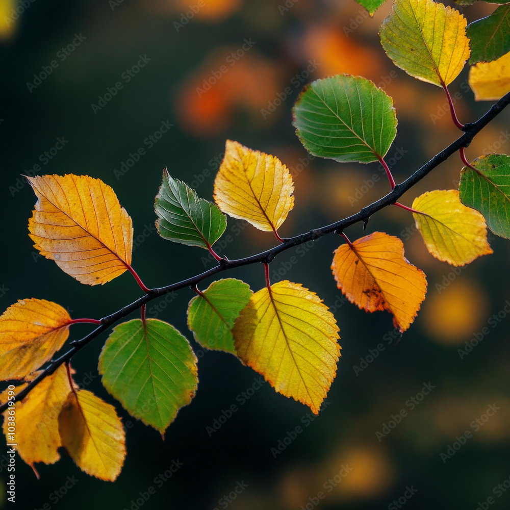 close-up of a branch with leaves transitioning from green to yellow and orange, representing the change of seasons. The dark blurred background contrasts with the vibrant autumn colors close-up of a branch with leaves transitioning from green to yellow and orange, representing the change of seasons. The dark blurred background contrasts with the vibrant autumn colors