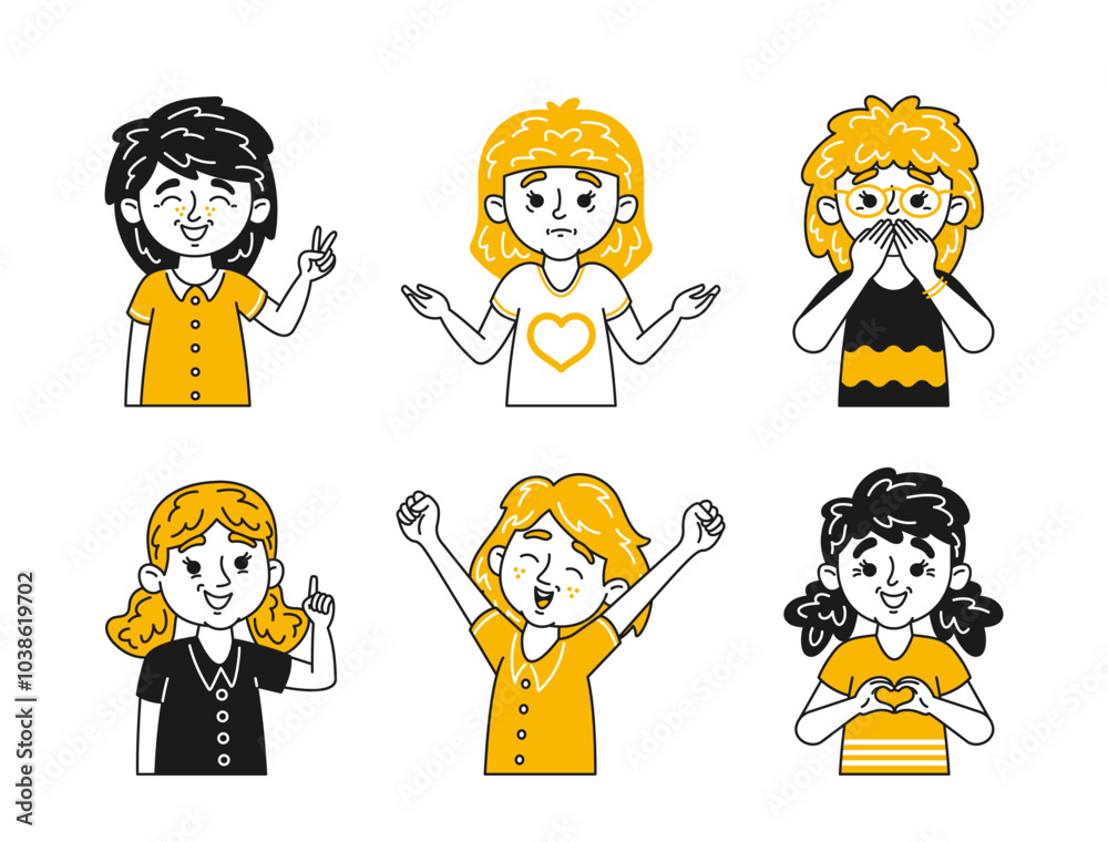 Cute Doodle Kids Characters Illustrating Various Emotions In Childlike Expressions, Showing Joy, Anger, Surprise or Love Cute Doodle Kids Characters Illustrating Various Emotions In Childlike Expressions, Showing Joy, Anger, Surprise or Love