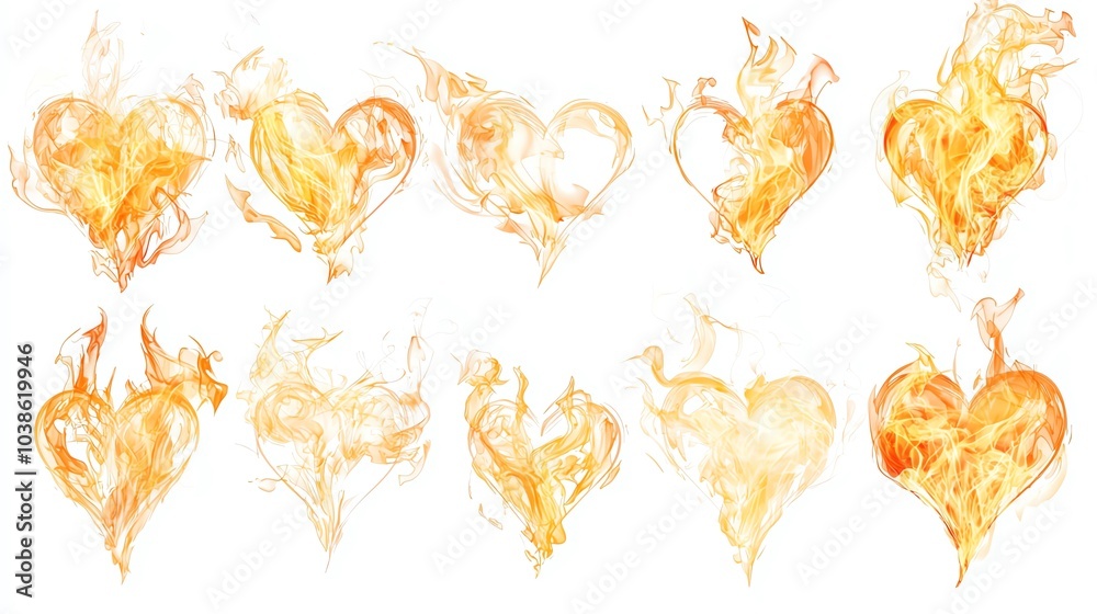 Collection of heart shapes made of flame, vibrant and dynamic designs on white isolate background. Collection of heart shapes made of flame, vibrant and dynamic designs on white isolate background.