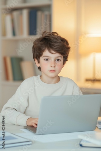 A Young Boy Focused on Using a Laptop While Sitting in a Warmly Lit Room, Learning or Playing