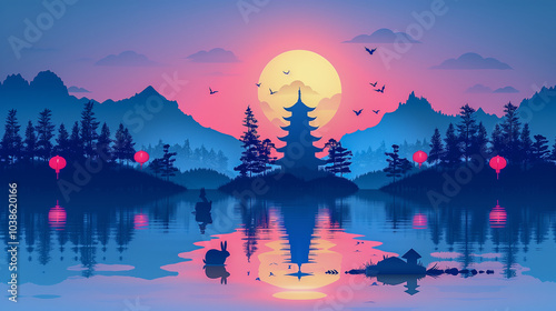 Serene Pagoda Sunset by Lake with Lanterns and Silhouetted Rabbits..
