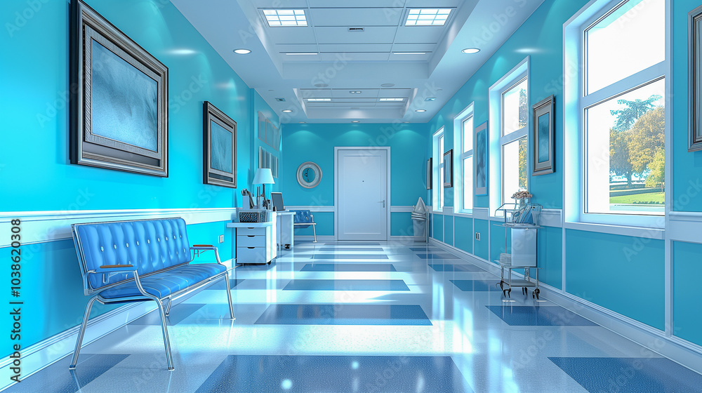 Bright and Modern Hospital Hallway with Blue Seating and Windows.. Bright and Modern Hospital Hallway with Blue Seating and Windows..