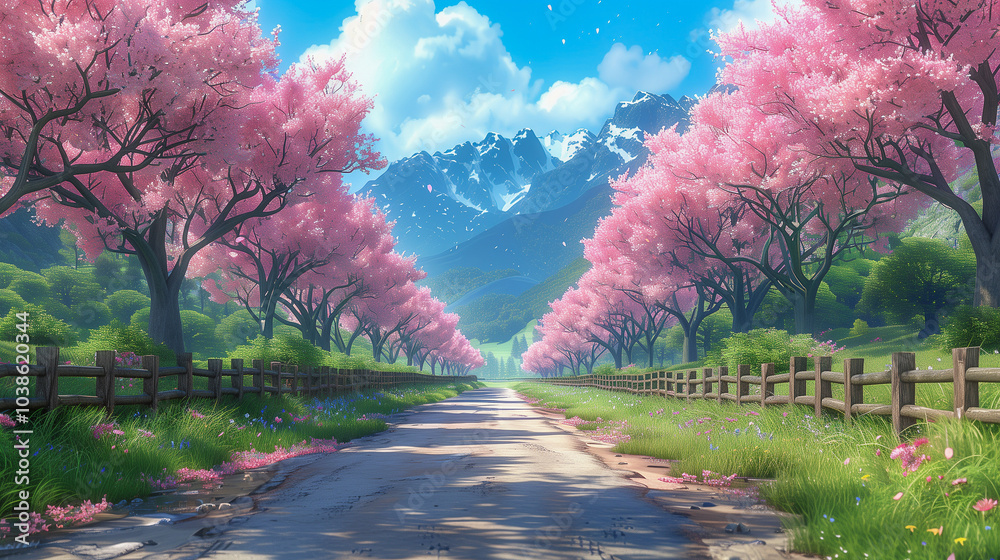 Scenic Pathway Lined with Blooming Cherry Trees and Mountain Views.. Scenic Pathway Lined with Blooming Cherry Trees and Mountain Views..