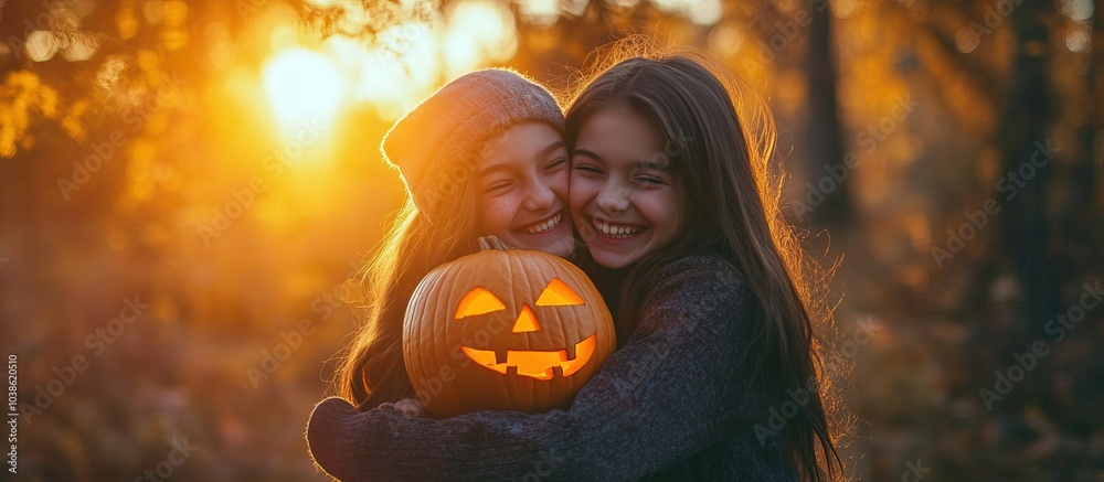 Naklejka premium Two happy smiling girls embracing shining carved Halloween pumpkin in the autumn forest during sunset. Concept of happiness