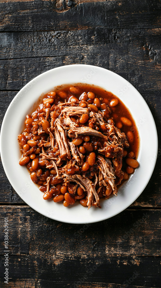 Pulled pork with bbq sauce and baked beans on a rustic wooden table in a white dish Pulled pork with bbq sauce and baked beans on a rustic wooden table in a white dish