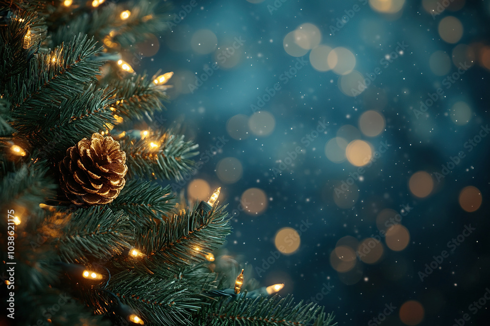 Fluffy branches of a fir tree with garlands and cones on a golden bokeh background. Christmas banner. Fluffy branches of a fir tree with garlands and cones on a golden bokeh background. Christmas banner.
