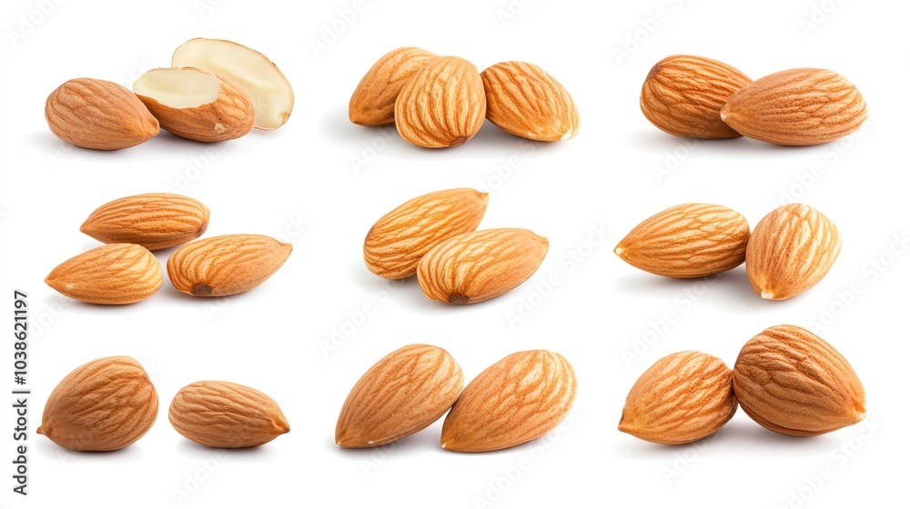 Set of raw almonds arranged on a white background, showcasing their unique textures and shapes. Set of raw almonds arranged on a white background, showcasing their unique textures and shapes.
