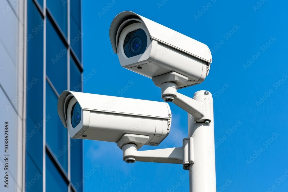 Two CCTV security cameras mounted on a pole against a blue sky. Two CCTV security cameras mounted on a pole against a blue sky.