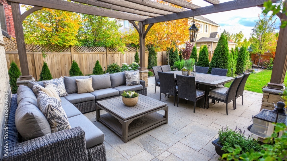 Fototapeta premium A luxurious backyard patio featuring a sectional outdoor sofa and a large dining table under a pergola.