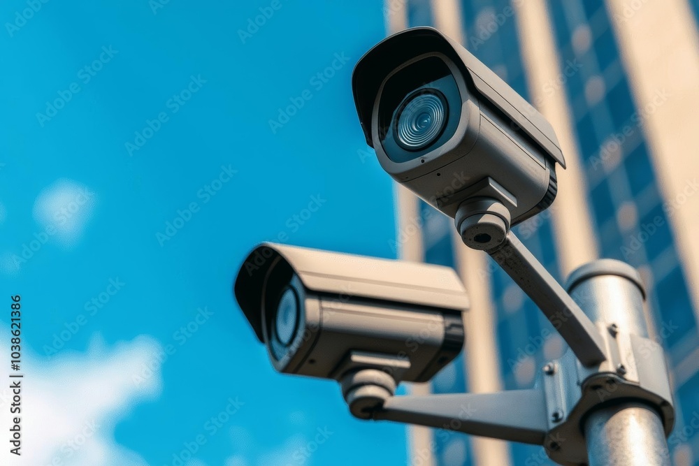 Two security cameras mounted on a pole against a clear blue sky. Two security cameras mounted on a pole against a clear blue sky.