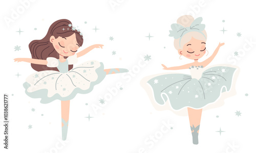 Flat vector illustration in children's style. Two cute ballerinas in blue dresses dancing, around the stars. Vector illustration