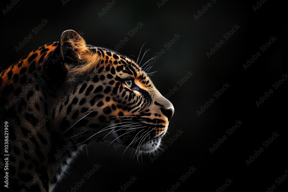 Fototapeta premium A fierce leopard stares into the distance, its sharp expression illuminated against a dark backdrop