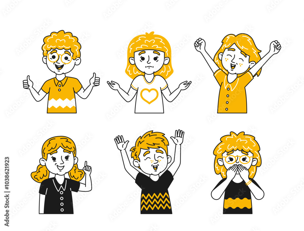 Doodle Children Display A Range Of Emotions From Happiness To Sadness And Surprise. Kids Features Facial Expressions Doodle Children Display A Range Of Emotions From Happiness To Sadness And Surprise. Kids Features Facial Expressions