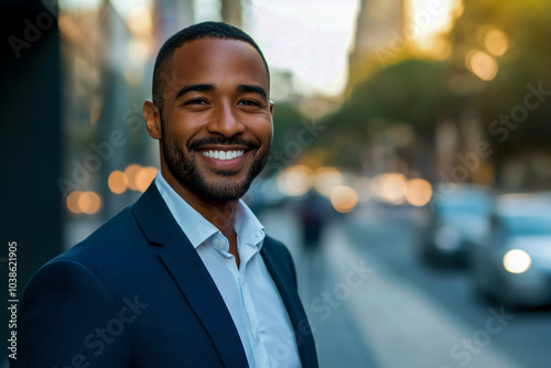 Portrait of a happy man in a suit, smiling at the camera on a city street.