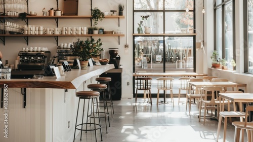 Modern Cafe Interior with Wooden Bar and Tables