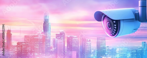 Wallpaper Mural Surveillance camera monitoring a vibrant city skyline at sunset. Torontodigital.ca