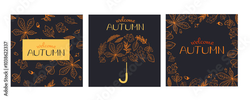 Autumn postcards on dark background. Outline leaves in umbrella shape and text, ideal for fall invitations, seasonal greetings, or cozy decor, reflecting the warmth and charm of autumn.