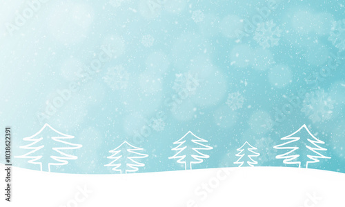 Merry Christmas background, light green background with falling snowflakes and Christmas trees. Raster Christmas illustration