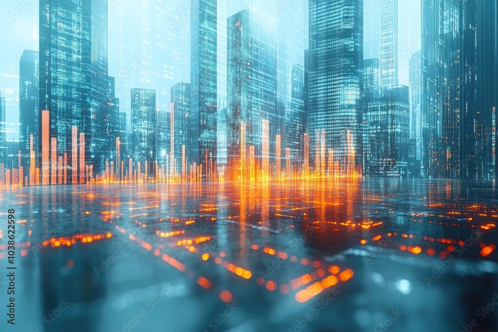 Obraz premium Futuristic cityscape with glowing data visualizations at sunrise