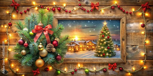 Festive Holiday Decor with a Rustic Wooden Background and a Glimpse of a Snowy Village Through a Window