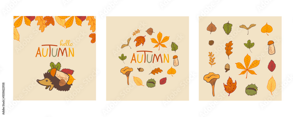 square autumn cards with hedgehog, leaves and mushrooms with the inscription square autumn cards with hedgehog, leaves and mushrooms with the inscription
