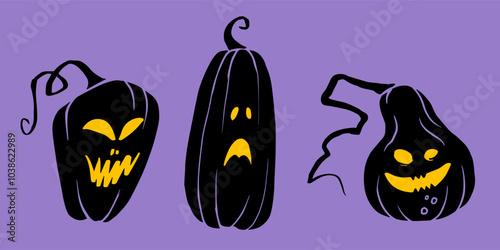 trio of abstract jack-o'-lanterns with glowing yellow faces against a purple background, designed for spooky-themed invitations, festive decor, or Halloween party decorations.
