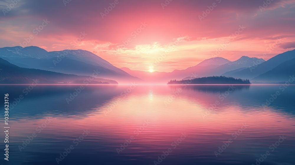 Serene Sunset Landscape with Mountains and Lake Reflection Serene Sunset Landscape with Mountains and Lake Reflection