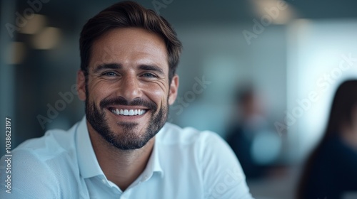 Portrait of a smiling man in a professional environment, conveying positivity and confidence.