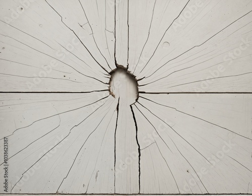 A close-up image of a white wooden wall with a circular hole, showcasing its natural wood grain pattern and sunburst effect, captured from a slightly above and to the side perspective