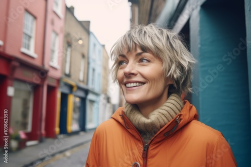 Portrait of a beautiful middle-aged woman with short hair in an orange jacket