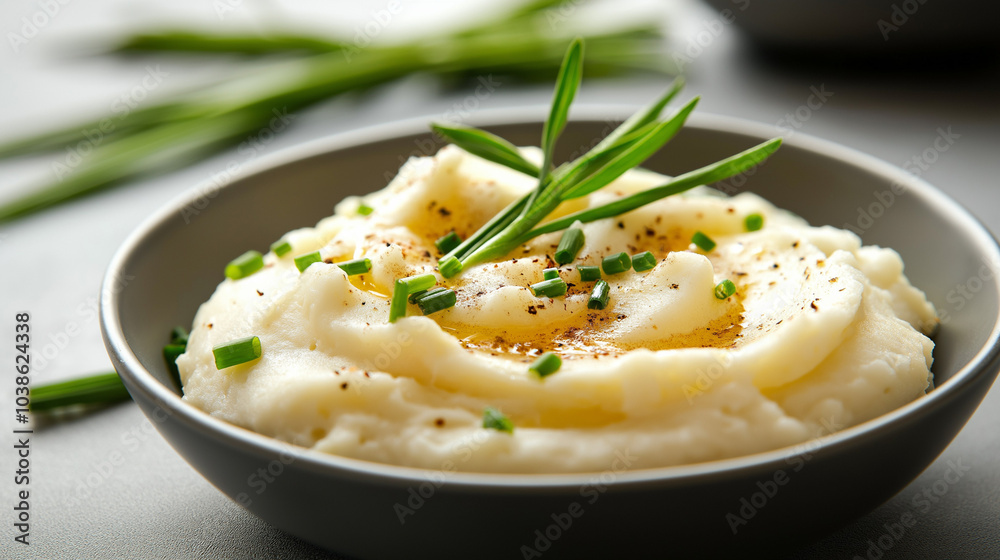 Close-up of creamy mashed potatoes with chives and butter. Close-up of creamy mashed potatoes with chives and butter.