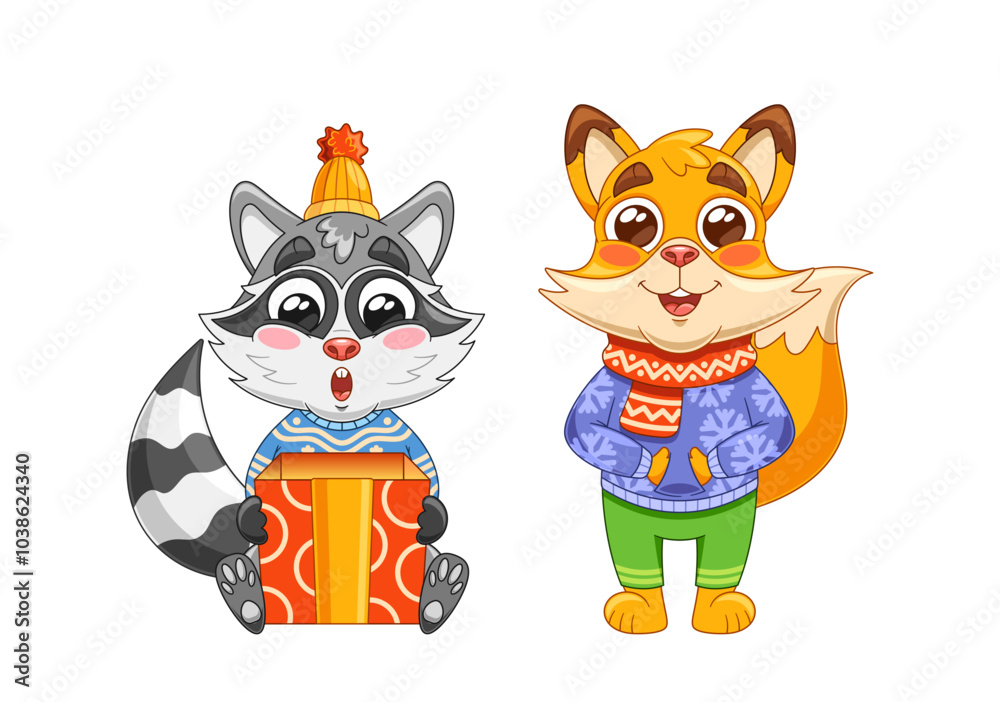 Obraz premium Adorable Cartoon Animals Dressed In Winter Clothes. Vector Raccoon Holds A Bright Gift Box While The Fox Smiles