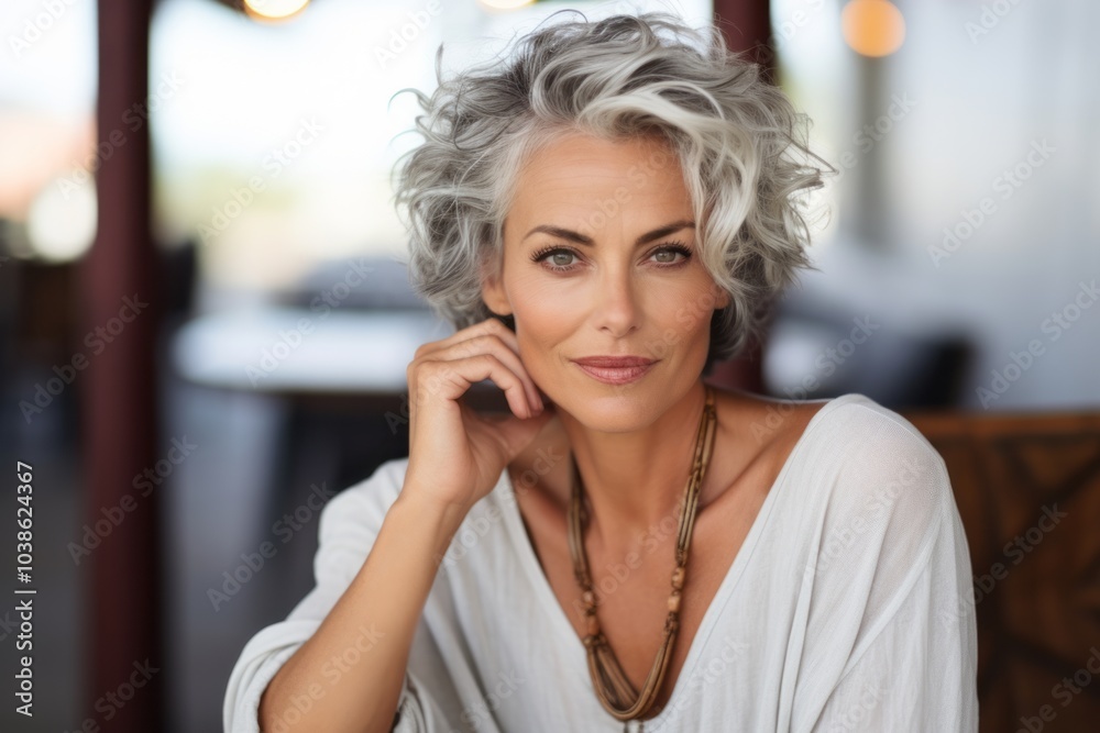 Portrait of beautiful middle-aged woman with short grey hair. Portrait of beautiful middle-aged woman with short grey hair.