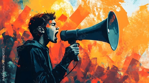 Young Man Shouting into Megaphone