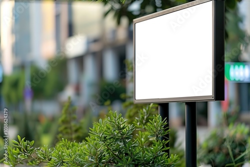 A white billboard is on a wall , with ample copy space for text. photo