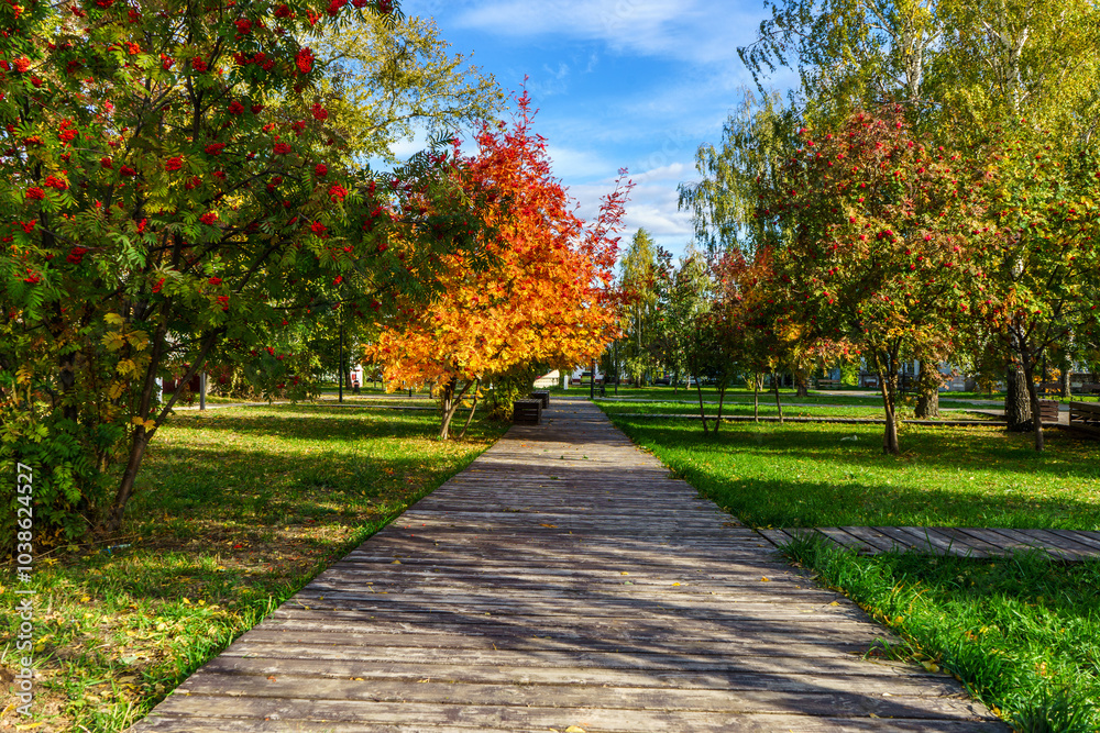 Park near the Spassky Cathedral in Yelabuga in autumn, Tatarstan. Sunny warm day. Yellowed leaves on a rowan tree. Wooden sidewalks. Green trimmed lawns Park near the Spassky Cathedral in Yelabuga in autumn, Tatarstan. Sunny warm day. Yellowed leaves on a rowan tree. Wooden sidewalks. Green trimmed lawns