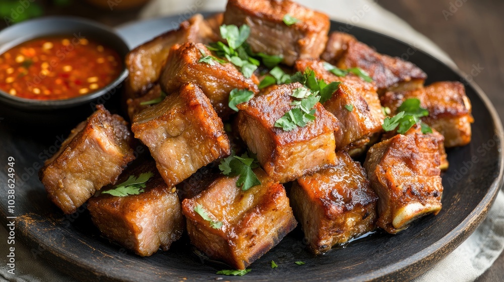 Juicy Grilled Meat with Spicy Sauce and Fresh Herbs Juicy Grilled Meat with Spicy Sauce and Fresh Herbs