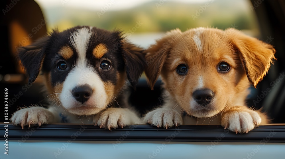 Two Cute Puppies Looking Out the Window Two Cute Puppies Looking Out the Window