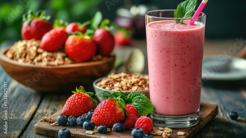 Fresh Berry Smoothie with Granola and Strawberries