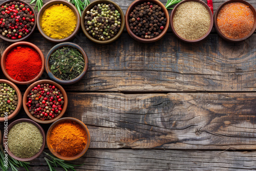 A variety of spices are displayed in bowls on a wooden table