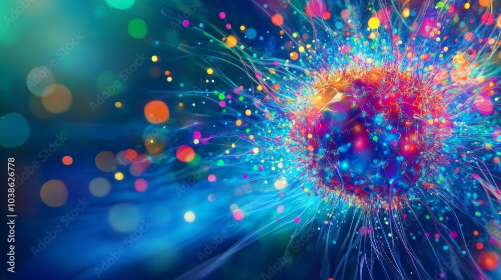 Fototapeta premium A colorful image shows a cancer cell made of bright, glowing dots. The blue background suggests medical testing and treatment for cancer.
