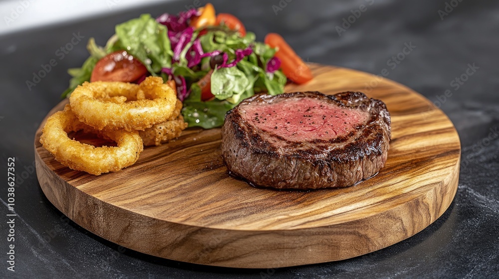 Delicious Grilled Steak with Salad and Onion Rings Delicious Grilled Steak with Salad and Onion Rings