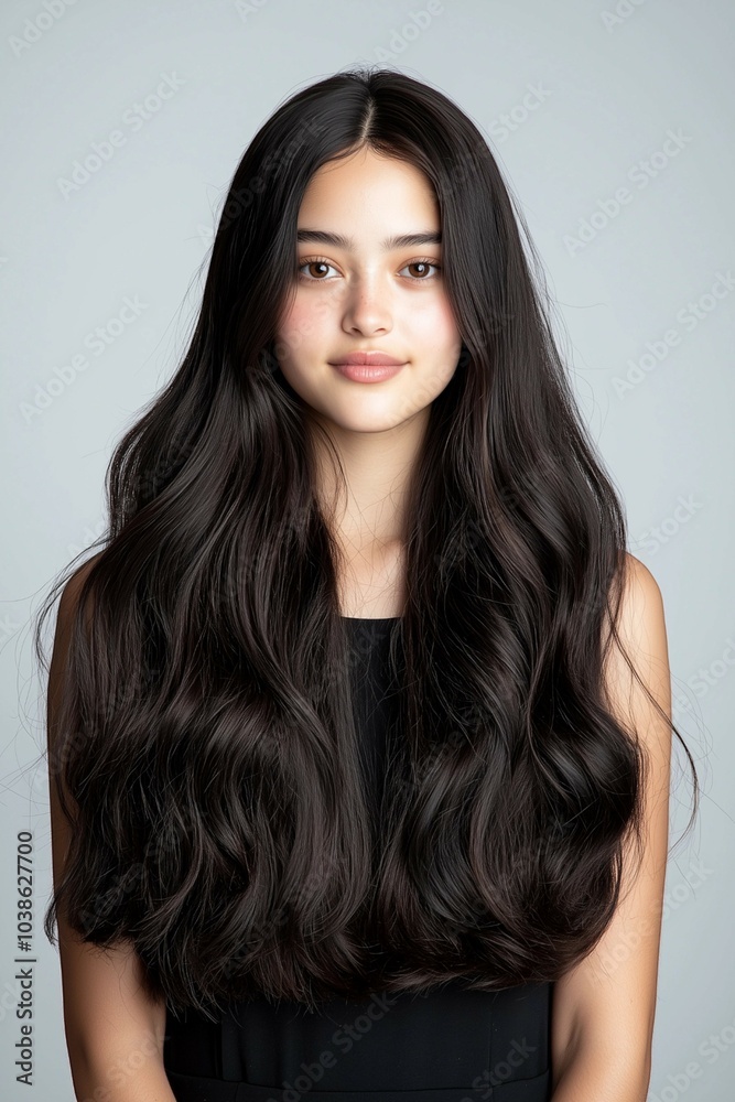 A Beautiful Young Woman with Long Wavy Hair Posing Confidently in a Studio Portrait A Beautiful Young Woman with Long Wavy Hair Posing Confidently in a Studio Portrait