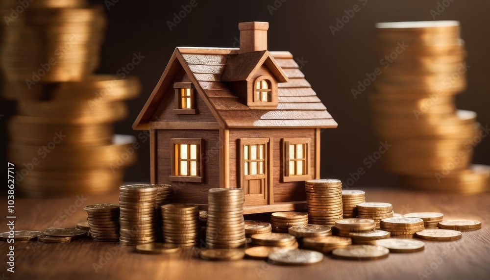 Small wooden house model next to towering stacks of coins, illustrating real estate downsizing, financial planning, and cost-effective living on a minimalist background Small wooden house model next to towering stacks of coins, illustrating real estate downsizing, financial planning, and cost-effective living on a minimalist background