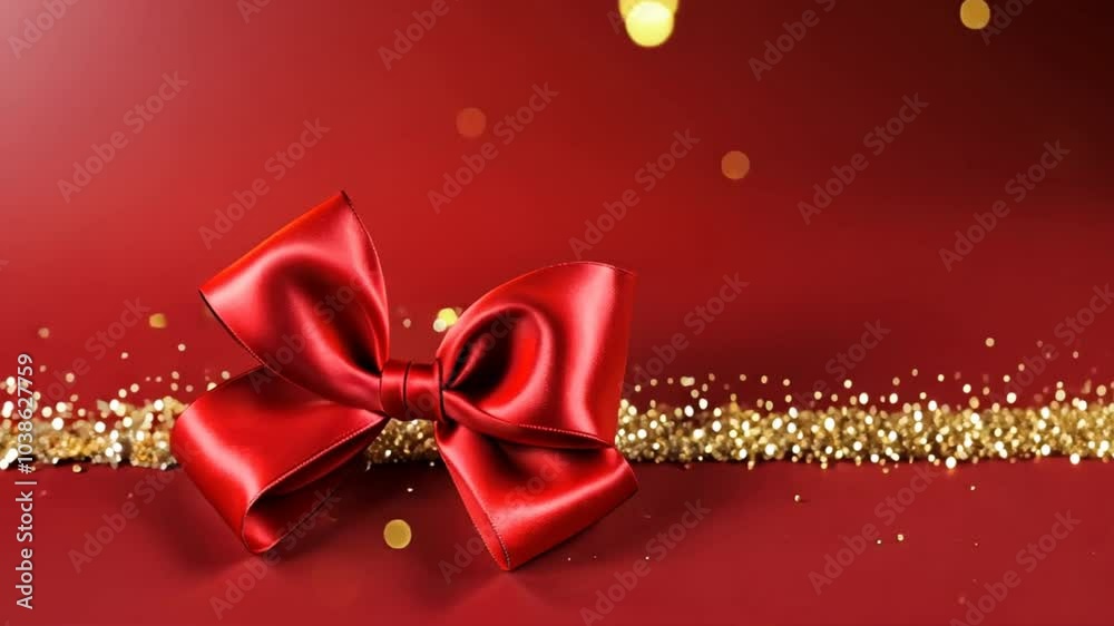 Red Bow and Gold Glitter: A festive and elegant red ribbon bow tied with a golden glitter ribbon, set against a vibrant red background. This image evokes feelings of celebration, gift-giving. Red Bow and Gold Glitter: A festive and elegant red ribbon bow tied with a golden glitter ribbon, set against a vibrant red background. This image evokes feelings of celebration, gift-giving.