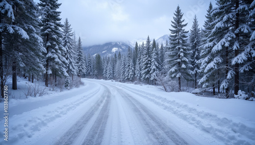 Icy Road Winding Through Snow-Covered Forest, Realistic and Serene